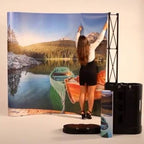 Curved backdrop wall with printed lake artwork