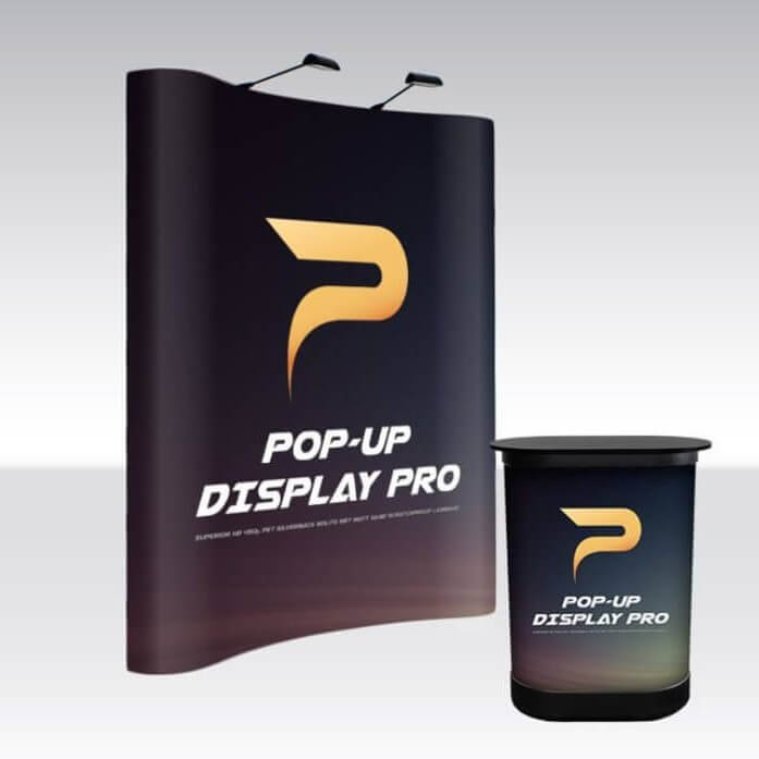 Curved pop-up display wall with matching counter