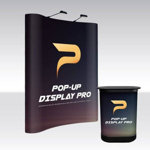 Curved pop-up display wall with matching counter