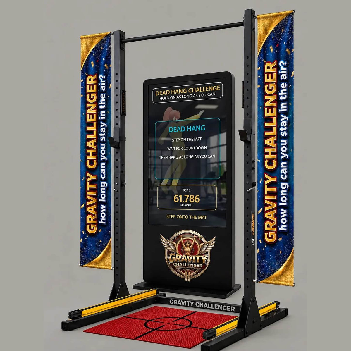 MadeForArcade dead hang challenge machine with bar and screen