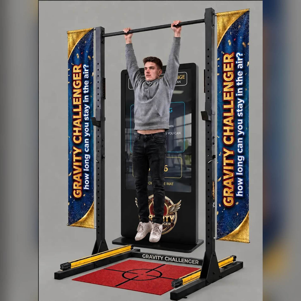 Player hanging from the bar with feet raised