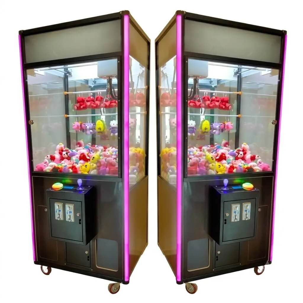 Pair of DIY claw machines filled with prizes