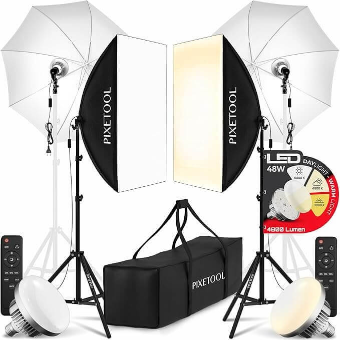 Photo booth lighting kit with softboxes and umbrella