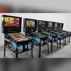 A row of Flippatastic 43 inch virtual pinball machines