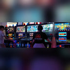 A row of Flippatastic virtual pinball machines being played at an event