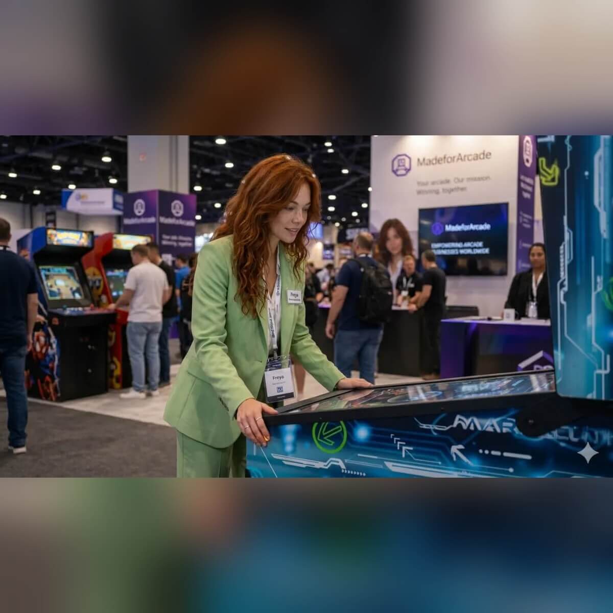 A woman playing a Flippatastic 43 inch virtual pinball machine at a busy trade show