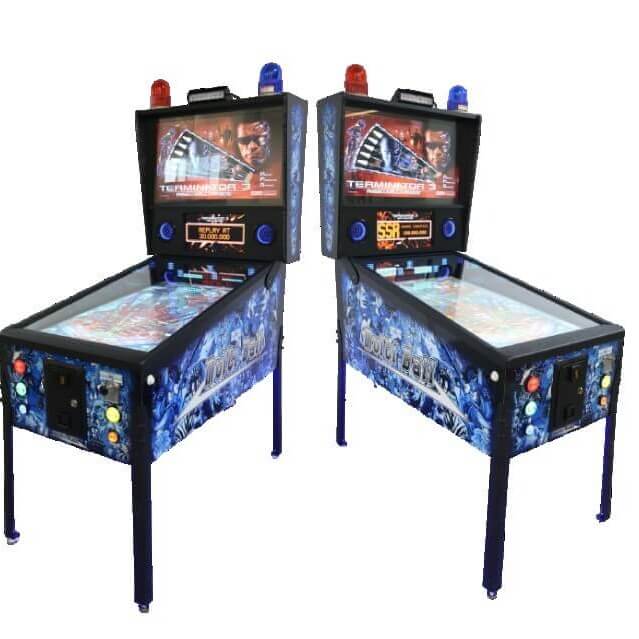 Two MadeForArcade FlipperFury Multiball Blue 49 inch virtual pinball machines with blue lit cabinets