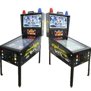 Pair of FlipperFury 49 inch virtual pinball machines showing the backglass and cabinet art