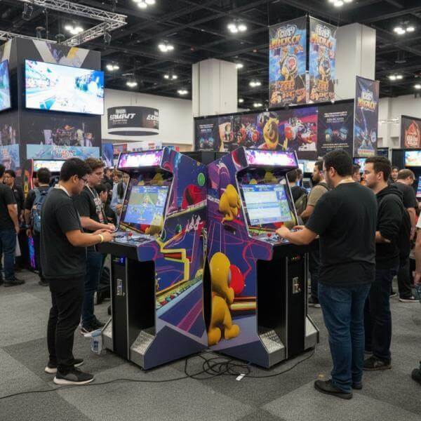 People playing full-size arcade machines at an event