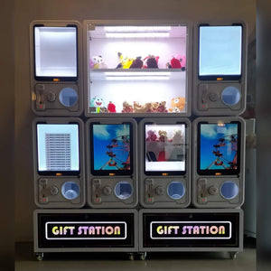 MadeForArcade GashaGold 9-module gashapon wall with lit dispensers and gift-station bases