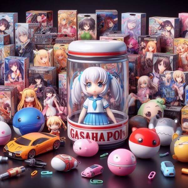 Gashapon display case lit up and filled with collectable figures