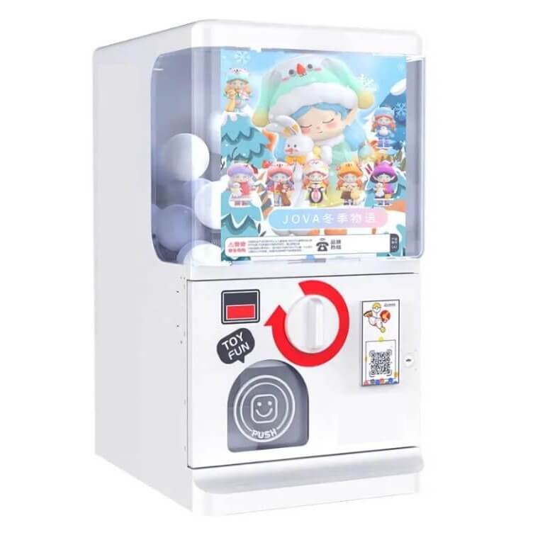 White gashapon vending wall with multi-size capsule machines