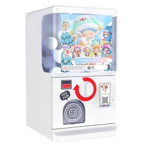White gashapon vending wall with multi-size capsule machines