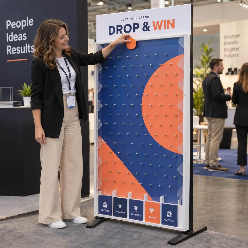 A woman playing the giant Plinko game