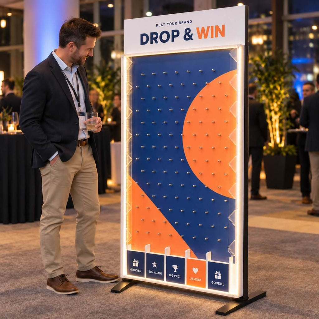 A man dropping a puck into the Plinko board