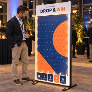 A man dropping a puck into the Plinko board