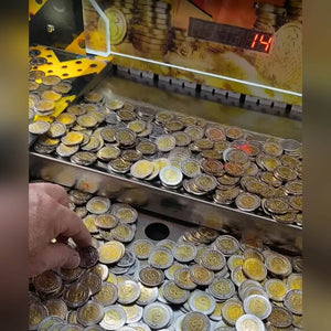 Coins piled on the coin pusher playfield