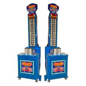Two blue MadeForArcade Hercules high striker towers