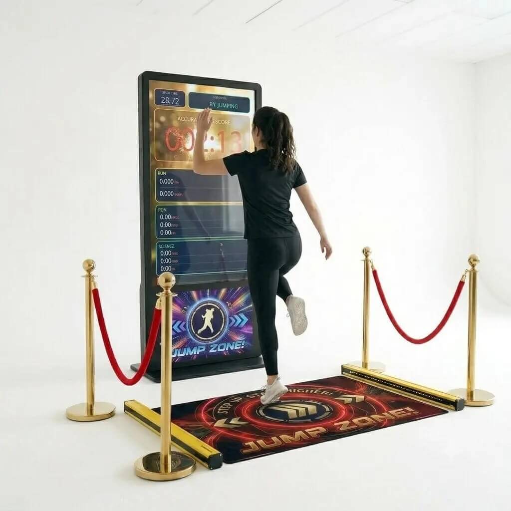 A player jumping in front of the jump rope arcade screen