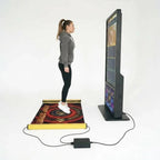 A woman jumping on the MadeForArcade jump rope arcade machine mat