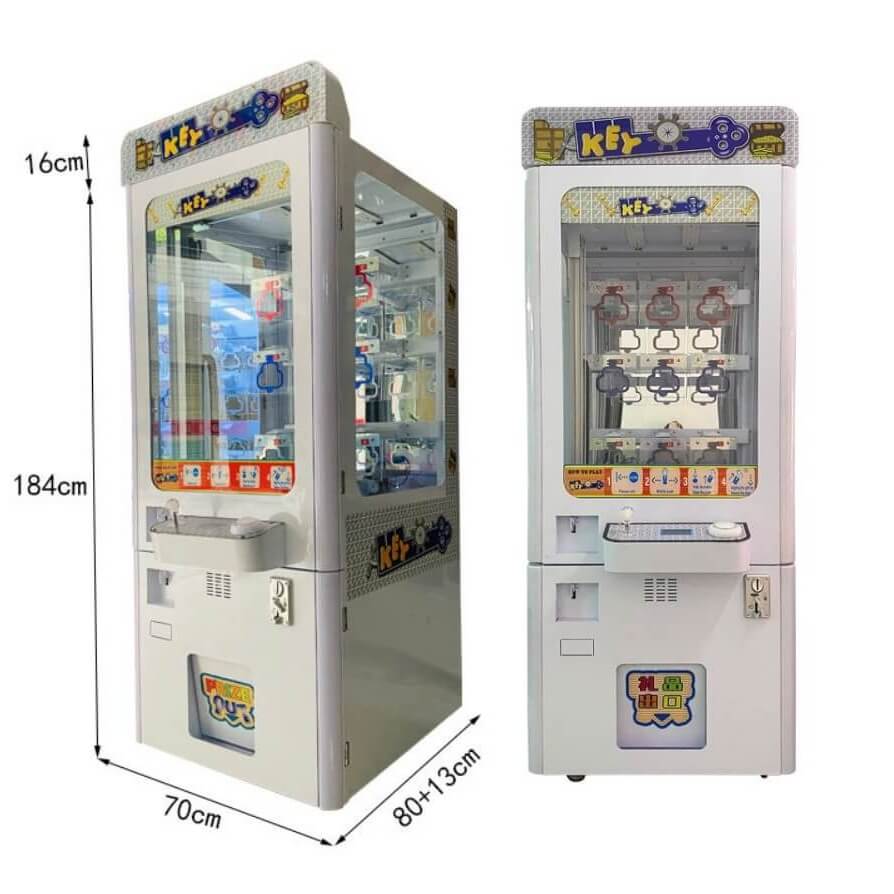 Front and side views of the MadeForArcade Key Master prize game with dimensions
