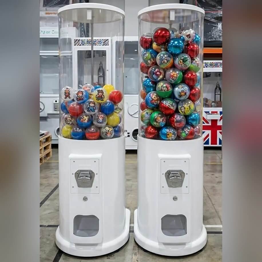 Manual capsule towers filled with colourful capsules at an event