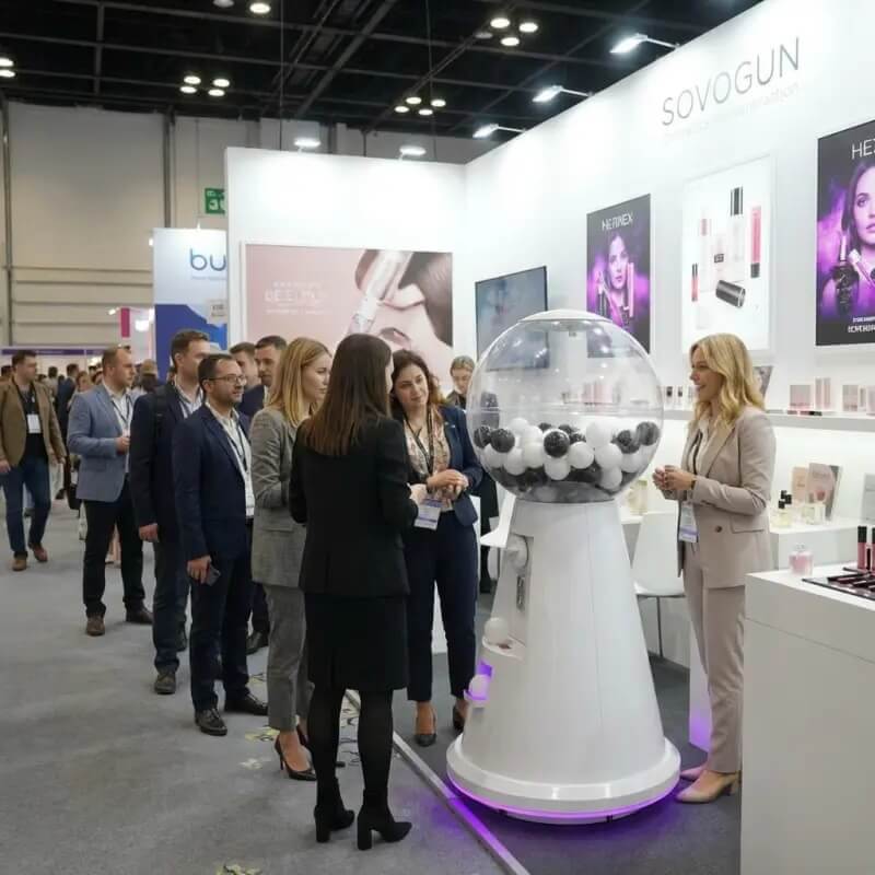 Crowd around a MEGA gumball machine at an exhibition