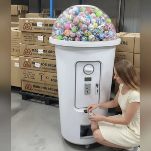 A woman beside the giant milkshake cup machine filled with capsules