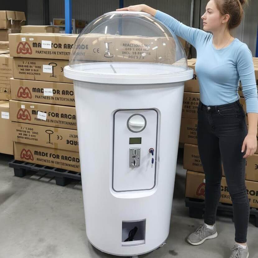 A woman standing next to the 1.7m milkshake cup capsule machine