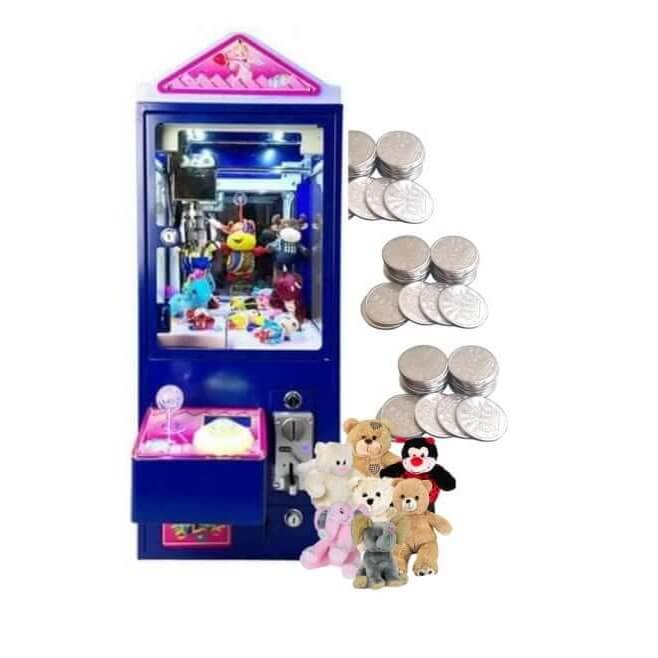 Blue mini claw machine filled with soft toys