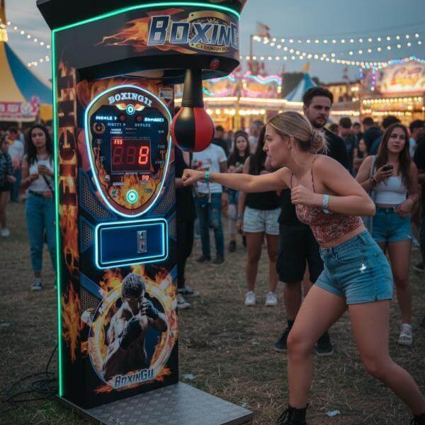 A woman punching the MadeForArcade Pro Boxing Machine at an event