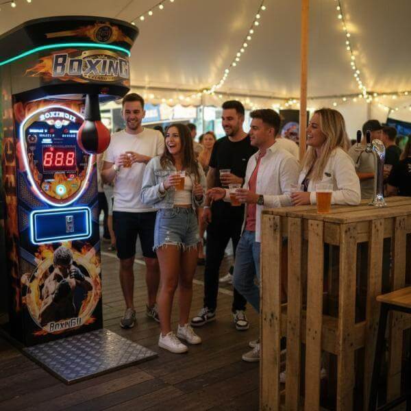 Crowd watching a player at the MadeForArcade Pro Boxing Machine at an outdoor festival