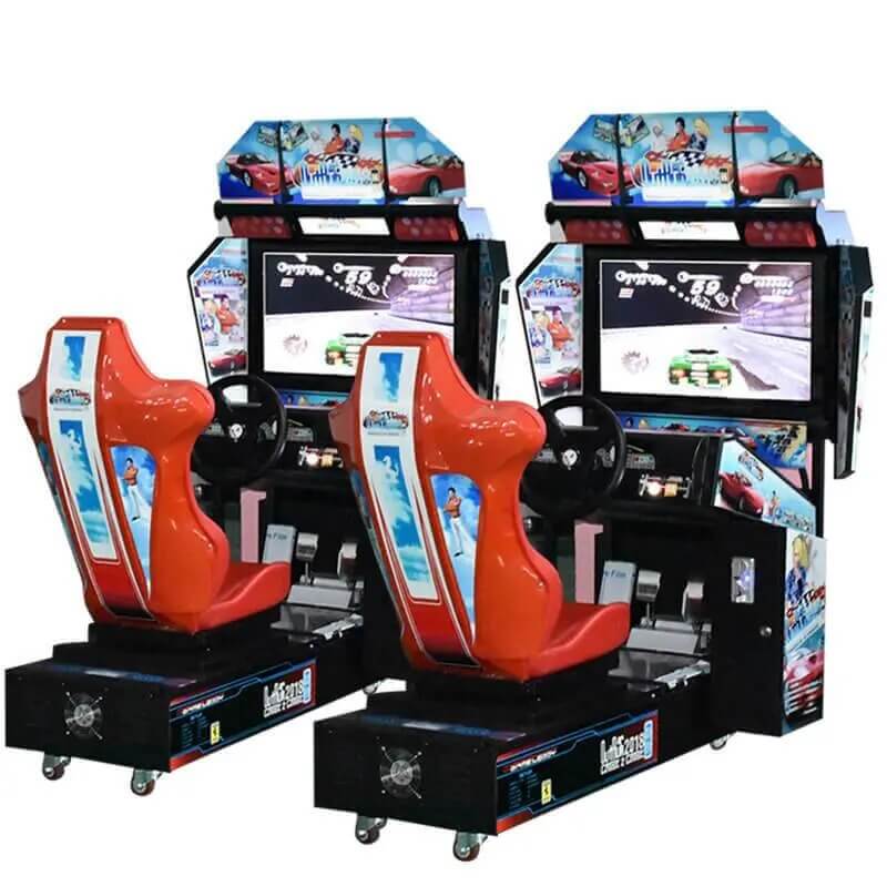 Two MadeForArcade racing simulators with red racing seats