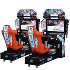 Two MadeForArcade racing simulators with red racing seats