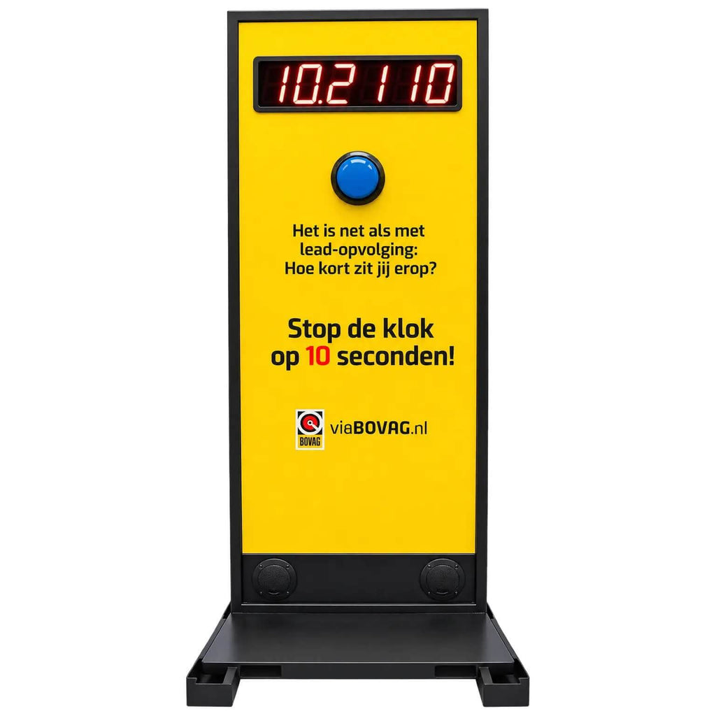 Yellow MadeForArcade Stop the Clock totem with a red button and a digital timer