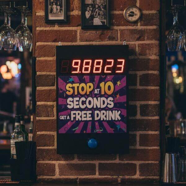 Wall-mounted Stop the Clock game in a bar offering a free drink for stopping at 10 seconds