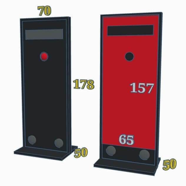 Black and red Stop the Clock totems with dimension markings