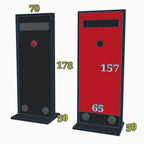 Black and red Stop the Clock totems with dimension markings