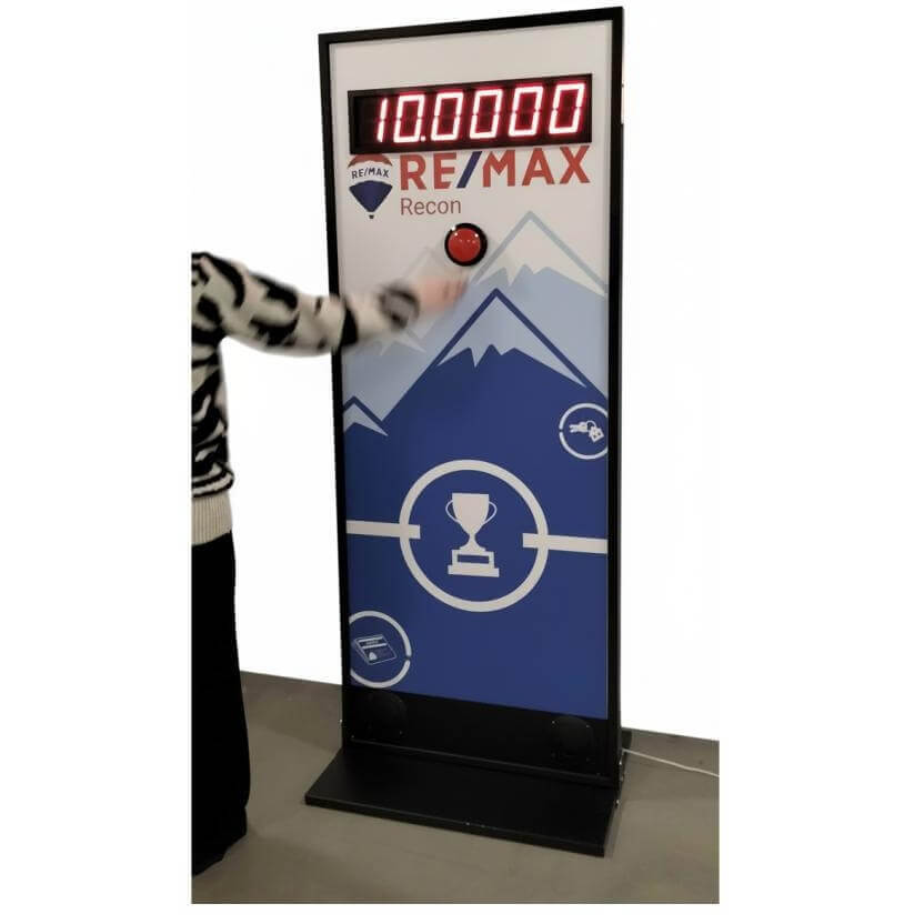 Stop the Clock totem with blue branding at an event