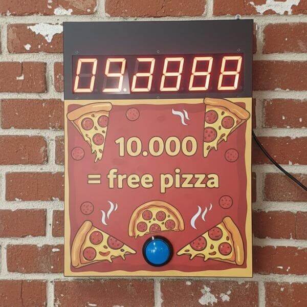 Wall-mounted Stop the Clock game offering free pizza for stopping at 10 seconds