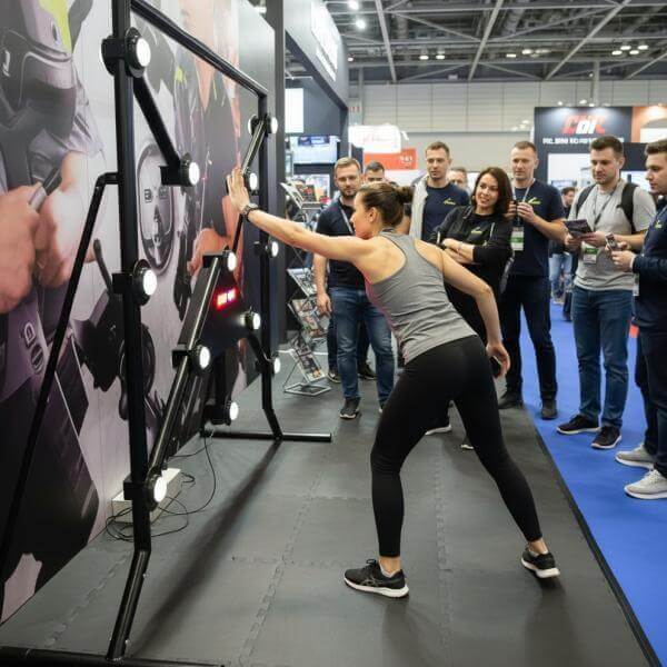 A woman hitting the lit targets on a Strike-a-Light batak machine at a trade show