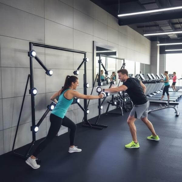 Two people racing to hit the lit targets on a MadeForArcade Strike-a-Light batak machine in a gym