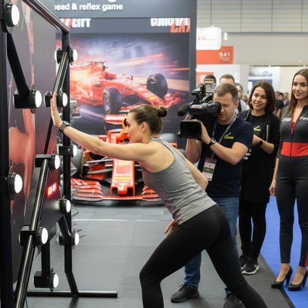 A woman playing Strike-a-Light at a motorsport event as photographers watch