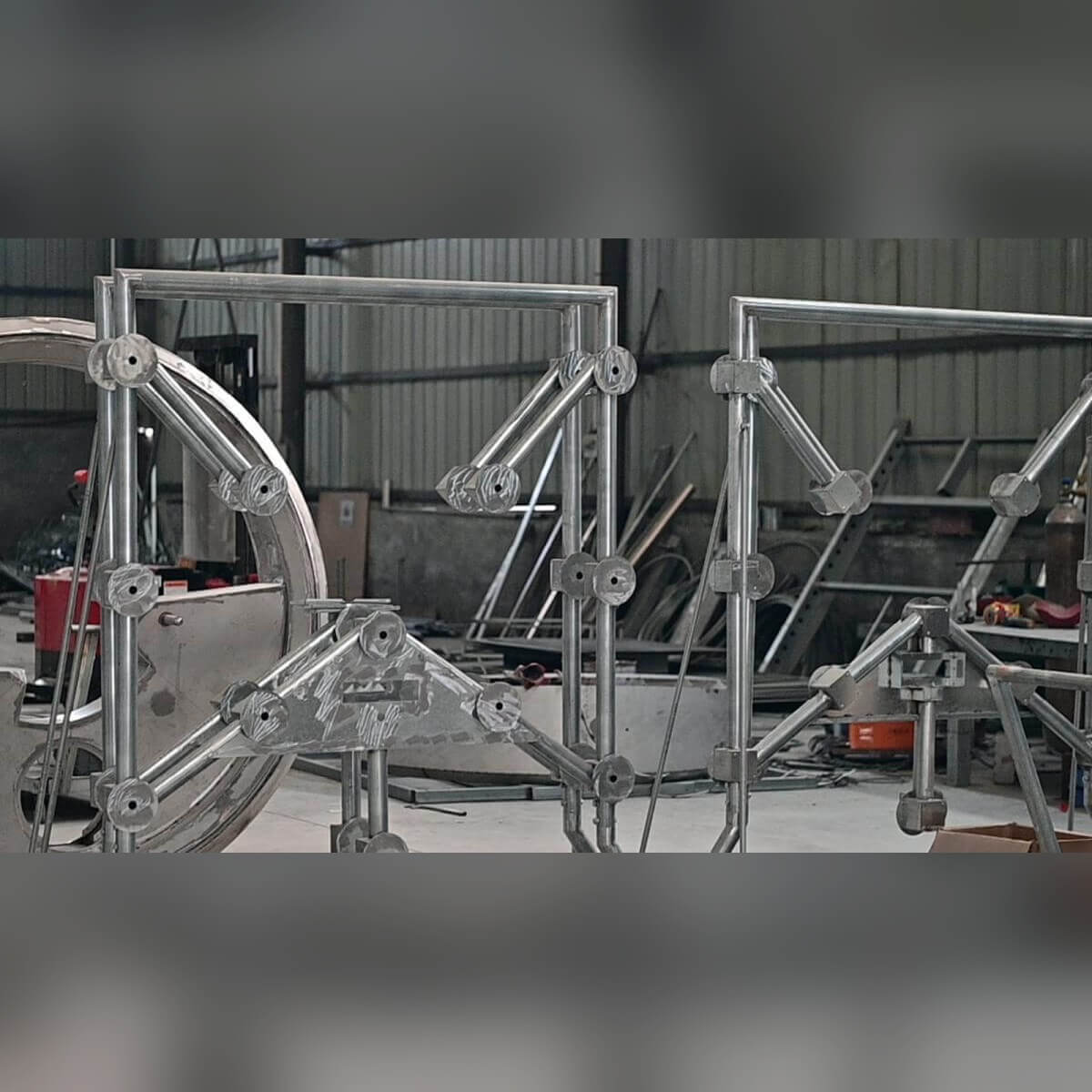 Steel Strike-a-Light frames during construction in the workshop