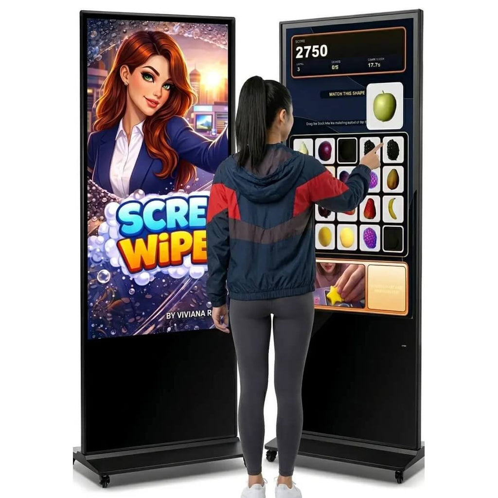 A woman playing a MadeForArcade touchscreen event game
