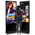 A woman playing a MadeForArcade touchscreen event game
