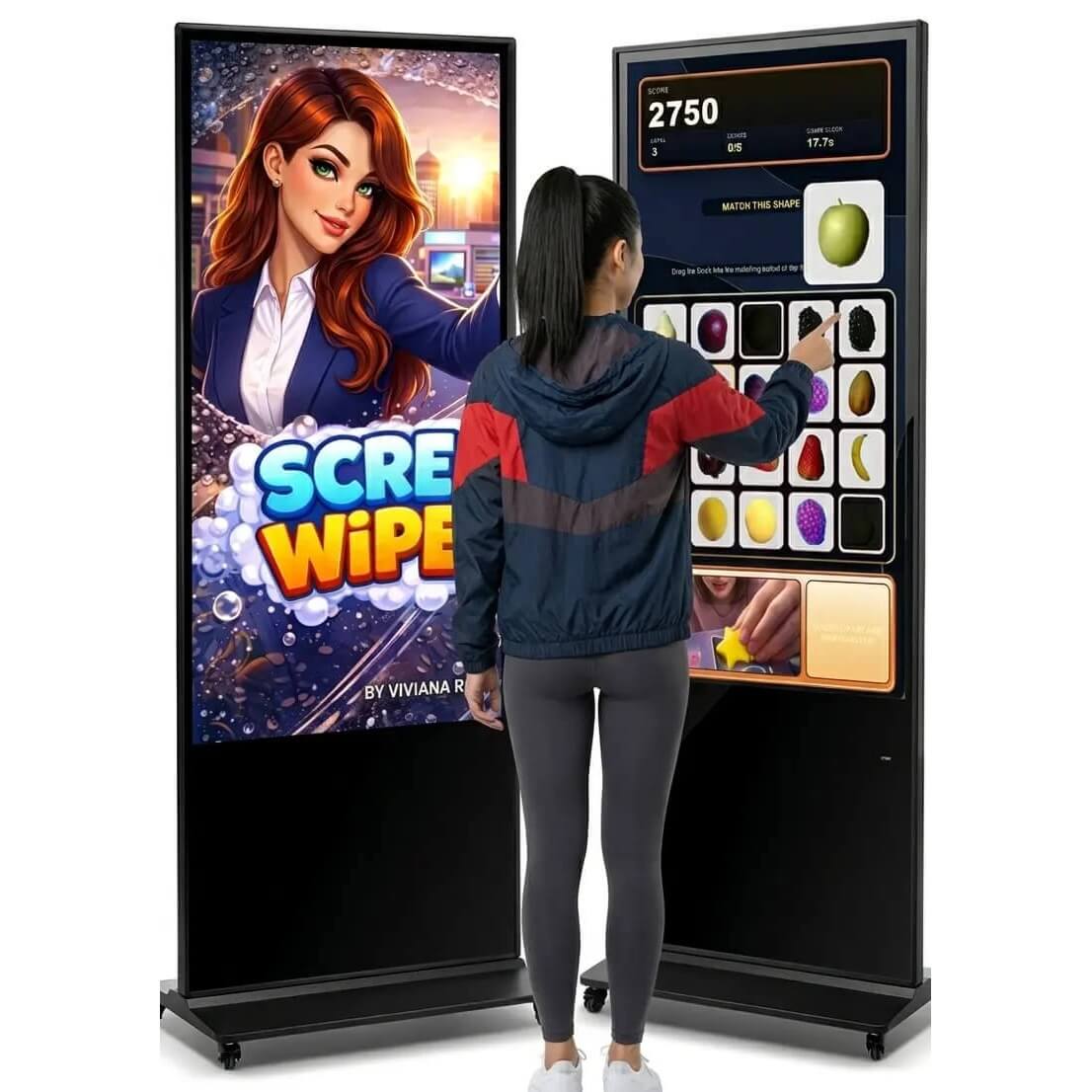A woman playing a MadeForArcade touchscreen event game