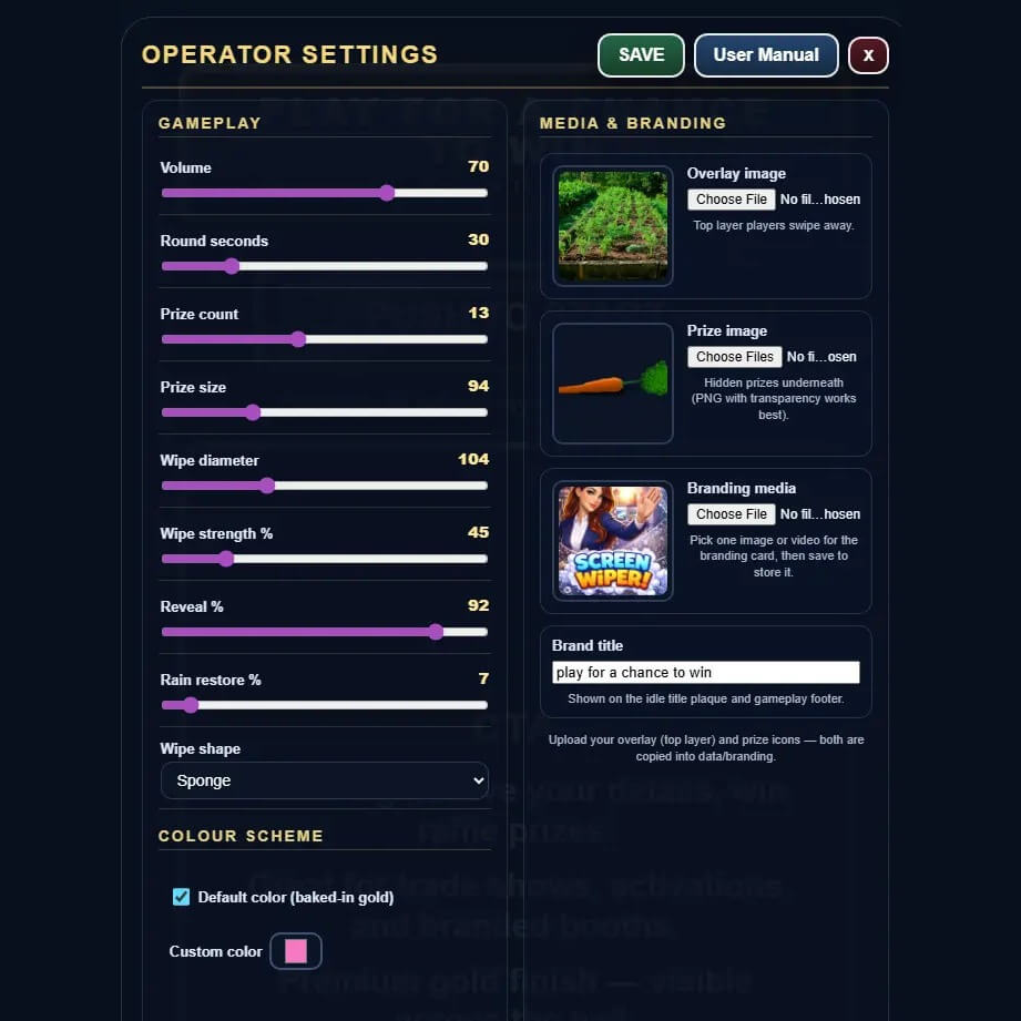 Touchscreen game operator settings screen