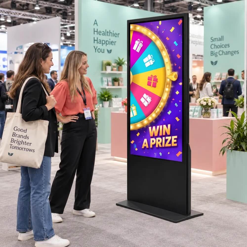 Visitors playing the touchscreen prize wheel