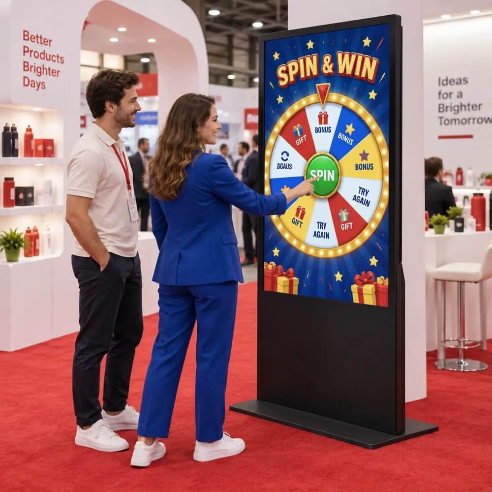 Horizontal prize wheel kiosk with a table-style screen